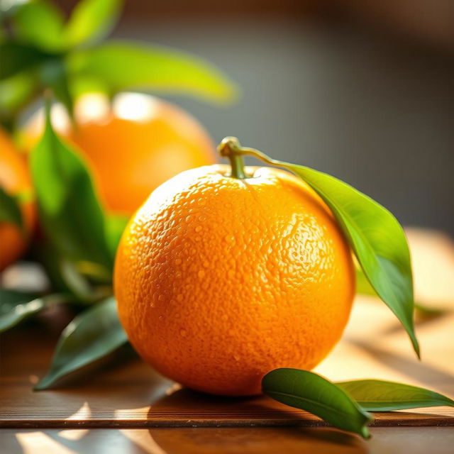 A vibrant and detailed depiction of a fresh orange fruit, showcasing its bright orange skin with a slightly textured surface, glistening with a bit of dew