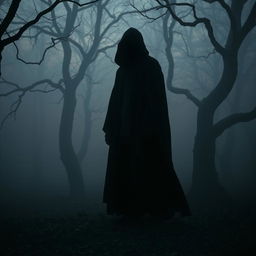 A mysterious figure standing in a foggy forest during twilight, with their face obscured in shadow, creating an enigmatic atmosphere