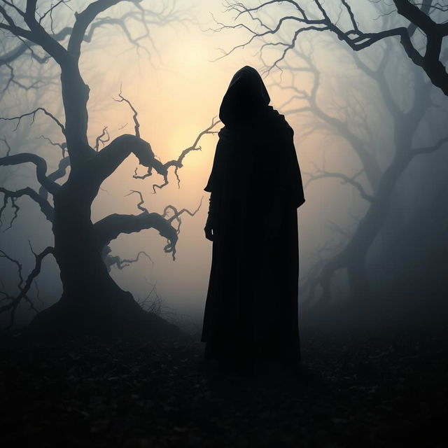 A mysterious figure standing in a foggy forest during twilight, with their face obscured in shadow, creating an enigmatic atmosphere