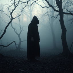 A mysterious figure standing in a foggy forest during twilight, with their face obscured in shadow, creating an enigmatic atmosphere