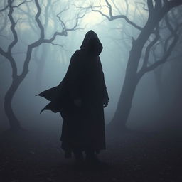 A mysterious figure standing in a foggy forest during twilight, with their face obscured in shadow, creating an enigmatic atmosphere