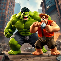 An epic battle scene featuring the Hulk and Ralph from Wreck-It Ralph