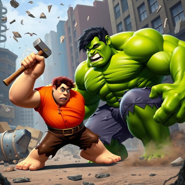 An epic battle scene featuring the Hulk and Ralph from Wreck-It Ralph