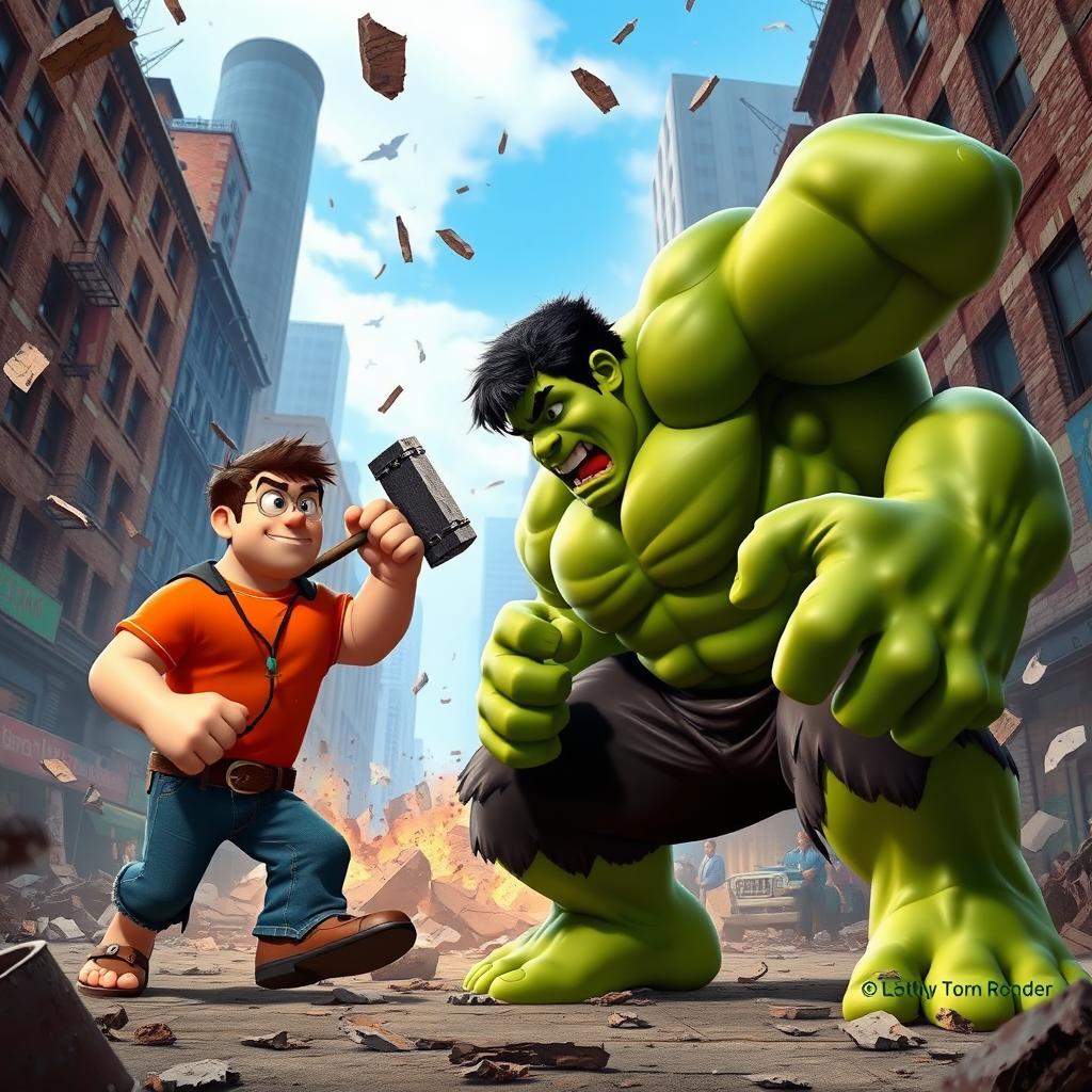 An epic battle scene featuring the Hulk and Ralph from Wreck-It Ralph