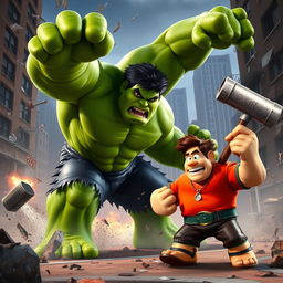 An epic battle scene featuring the Hulk and Ralph from Wreck-It Ralph