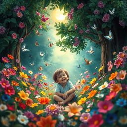 A serene scene depicting a child sitting in a whimsical forest filled with vibrant flowers and gentle nightingales singing