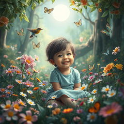 A serene scene depicting a child sitting in a whimsical forest filled with vibrant flowers and gentle nightingales singing