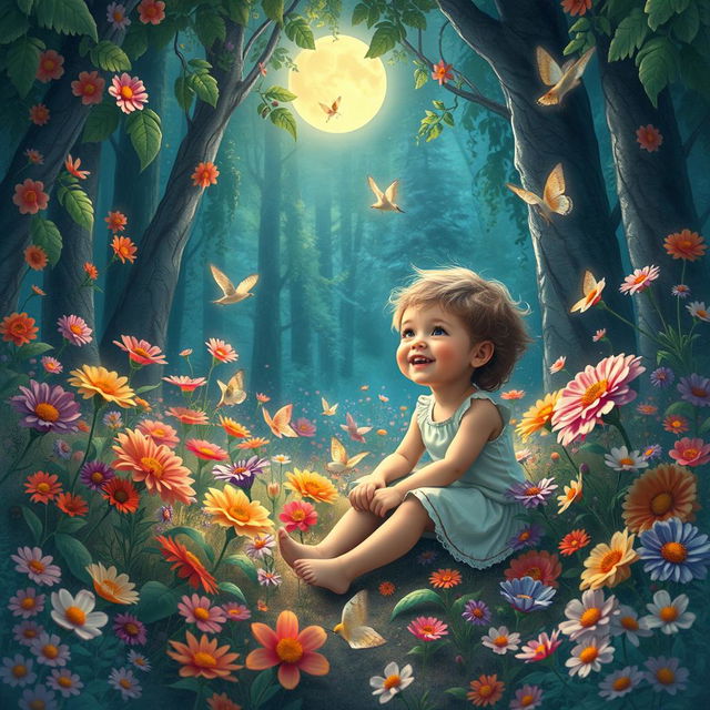 A serene scene depicting a child sitting in a whimsical forest filled with vibrant flowers and gentle nightingales singing