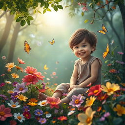 A serene scene depicting a child sitting in a whimsical forest filled with vibrant flowers and gentle nightingales singing