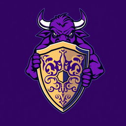 A dynamic and powerful illustration of a purple bull holding a shield, designed in a bold vector style