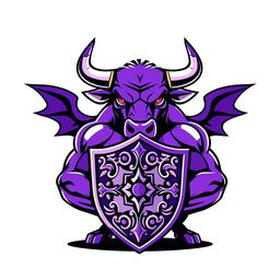 A dynamic and powerful illustration of a purple bull holding a shield, designed in a bold vector style