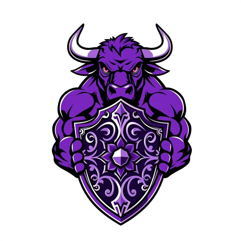 A dynamic and powerful illustration of a purple bull holding a shield, designed in a bold vector style