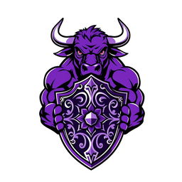 A dynamic and powerful illustration of a purple bull holding a shield, designed in a bold vector style