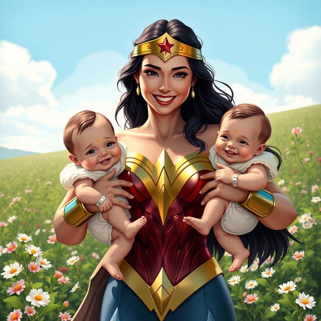 Wonder Woman, depicted as a heroic and compassionate figure, holding two adorable babies, one in each arm, smiling brightly