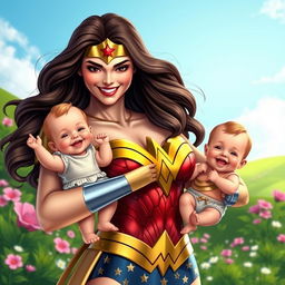 Wonder Woman, depicted as a heroic and compassionate figure, holding two adorable babies, one in each arm, smiling brightly