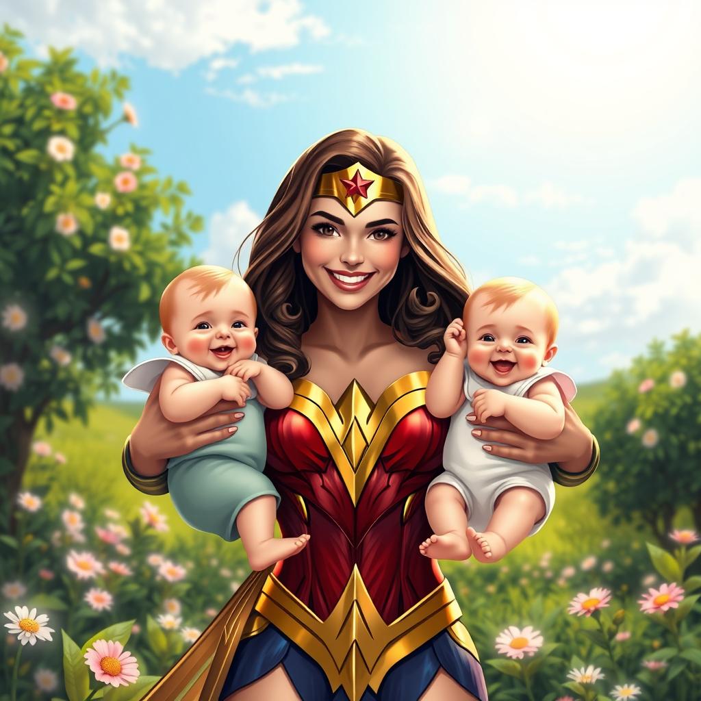 Wonder Woman, depicted as a heroic and compassionate figure, holding two adorable babies, one in each arm, smiling brightly