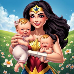Wonder Woman, depicted as a heroic and compassionate figure, holding two adorable babies, one in each arm, smiling brightly