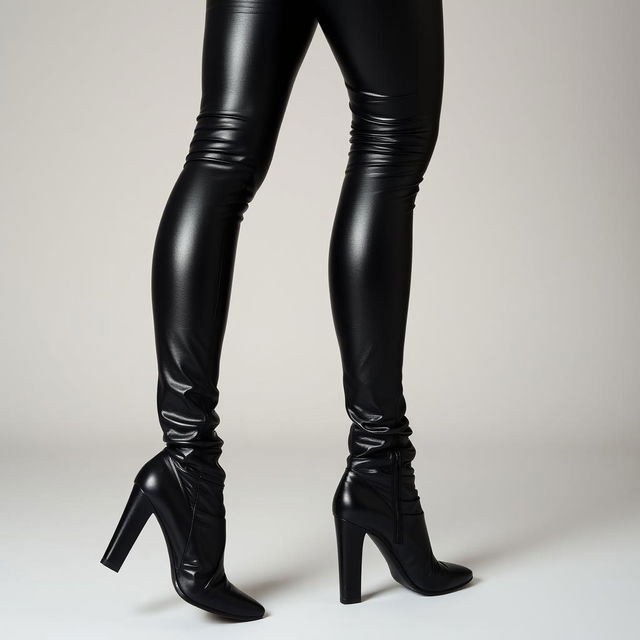 A captivating artistic representation of a woman's lower body wearing black leather leggings and high-heeled leather boots