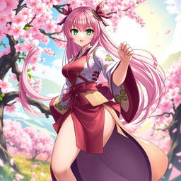 A beautifully detailed illustration of Mitsuri Kanroji, a character from Demon Slayer, depicting her in an action pose