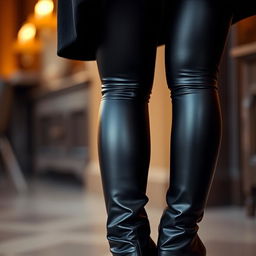 A close-up shot of a woman from the waist down, showcasing her stylish black leather leggings, perfectly hugging her curves