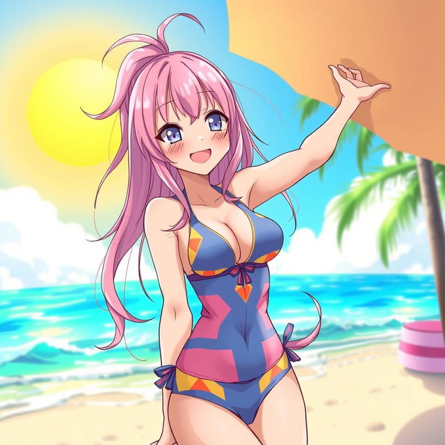 A vivid illustration of Mitsuri Kanroji, a character from Demon Slayer, wearing a stylish and colorful swimsuit