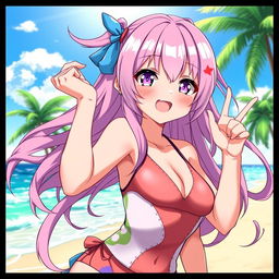 A vivid illustration of Mitsuri Kanroji, a character from Demon Slayer, wearing a stylish and colorful swimsuit
