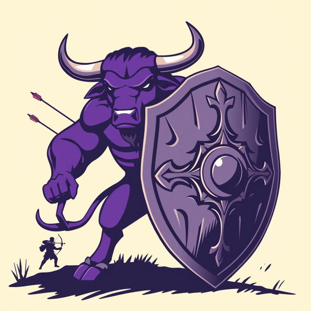 A powerful purple bull depicted in a dynamic pose, holding a large war shield to protect itself from incoming arrows