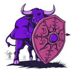 A powerful purple bull depicted in a dynamic pose, holding a large war shield to protect itself from incoming arrows