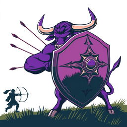 A powerful purple bull depicted in a dynamic pose, holding a large war shield to protect itself from incoming arrows