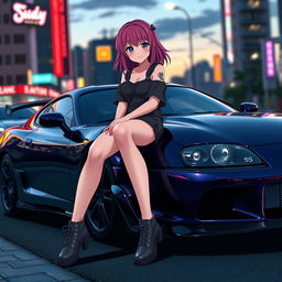 An anime girl sitting confidently on a sleek Toyota Supra MK4, showcasing her vibrant hairstyle and stylish outfit