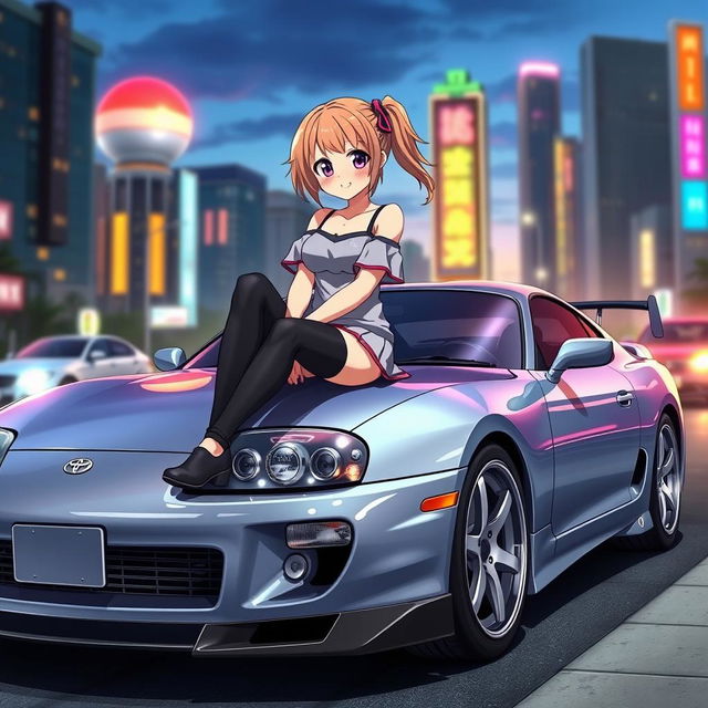 An anime girl sitting confidently on a sleek Toyota Supra MK4, showcasing her vibrant hairstyle and stylish outfit