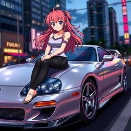 An anime girl sitting confidently on a sleek Toyota Supra MK4, showcasing her vibrant hairstyle and stylish outfit