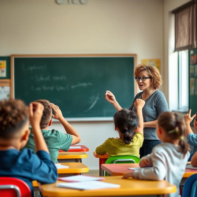 A charismatic and inspiring teacher standing in front of a chalkboard, engaging a diverse group of enthusiastic students in a classroom