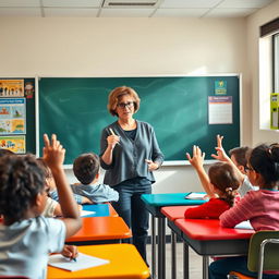 A charismatic and inspiring teacher standing in front of a chalkboard, engaging a diverse group of enthusiastic students in a classroom