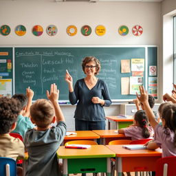 A charismatic and inspiring teacher standing in front of a chalkboard, engaging a diverse group of enthusiastic students in a classroom