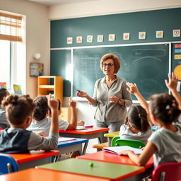 A charismatic and inspiring teacher standing in front of a chalkboard, engaging a diverse group of enthusiastic students in a classroom