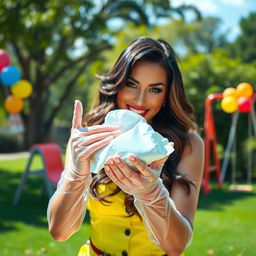 A whimsical and humorous scene featuring a celebrity resembling a pop star, wearing clear vinyl gloves and playfully holding up a handful of used baby wipes, with a cheeky smile