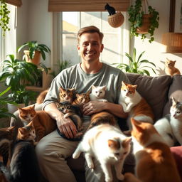 A tall white man sitting in a cozy, softly lit living room surrounded by playful cats
