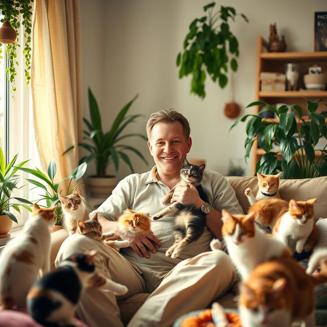 A tall white man sitting in a cozy, softly lit living room surrounded by playful cats