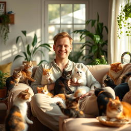 A tall white man sitting in a cozy, softly lit living room surrounded by playful cats