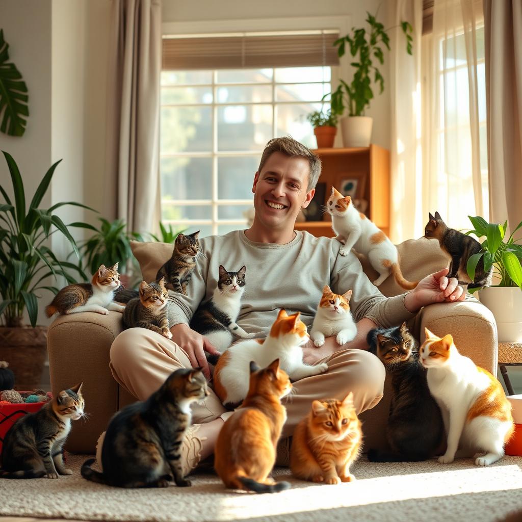 A tall white man sitting in a cozy, softly lit living room surrounded by playful cats