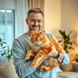 A tall white man gently holding a fluffy ginger cat in his arms, with a warm smile on his face, surrounded by a cozy indoor setting that includes soft lighting, a comfortable sofa, and plants in the background