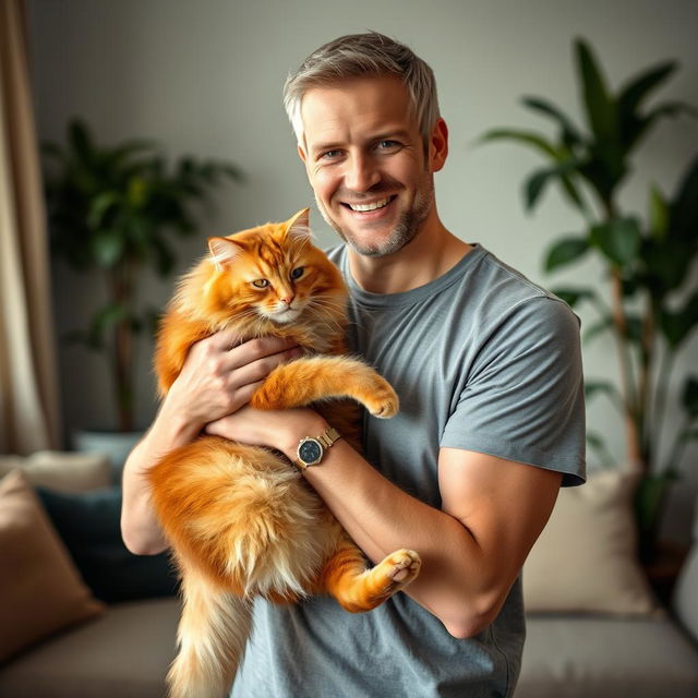 A tall white man gently holding a fluffy ginger cat in his arms, with a warm smile on his face, surrounded by a cozy indoor setting that includes soft lighting, a comfortable sofa, and plants in the background