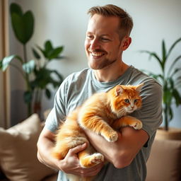 A tall white man gently holding a fluffy ginger cat in his arms, with a warm smile on his face, surrounded by a cozy indoor setting that includes soft lighting, a comfortable sofa, and plants in the background
