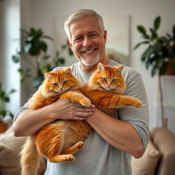 A tall white man gently holding a fluffy ginger cat in his arms, with a warm smile on his face, surrounded by a cozy indoor setting that includes soft lighting, a comfortable sofa, and plants in the background