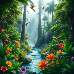 A vibrant and lush rainforest scene, showcasing a diverse array of flora and fauna