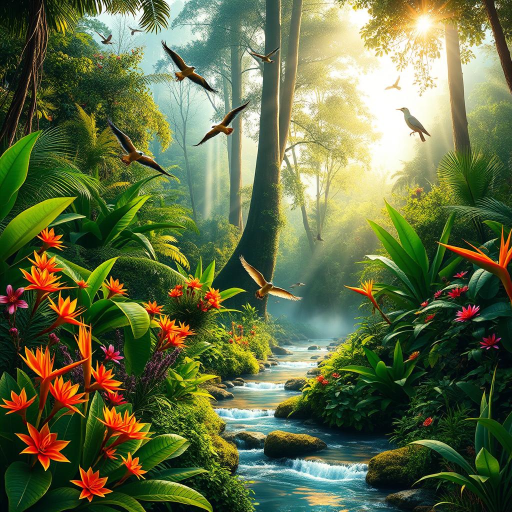 A vibrant and lush rainforest scene, showcasing a diverse array of flora and fauna