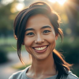 A portrait of a person with a bright, cheerful expression, showcasing a warm smile and sparkling eyes