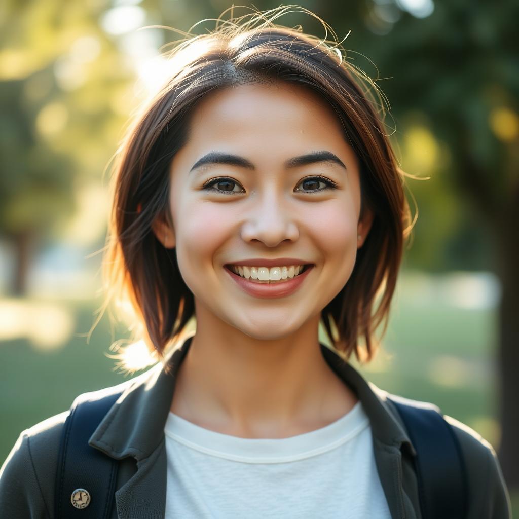 A portrait of a person with a bright, cheerful expression, showcasing a warm smile and sparkling eyes