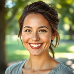 A portrait of a person with a bright, cheerful expression, showcasing a warm smile and sparkling eyes